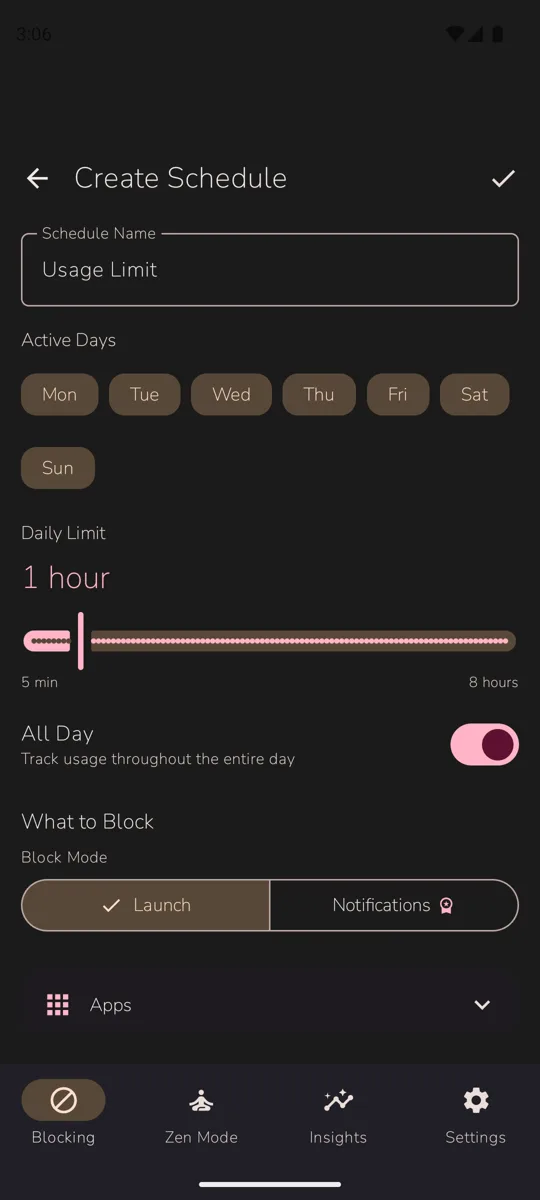 Daily usage limit schedule